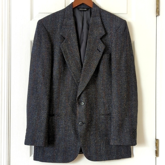 Pierre Cardin 80's Vintage Union Made Herringbone Woven Blazer Jacket Navy 42R - Picture 1 of 16